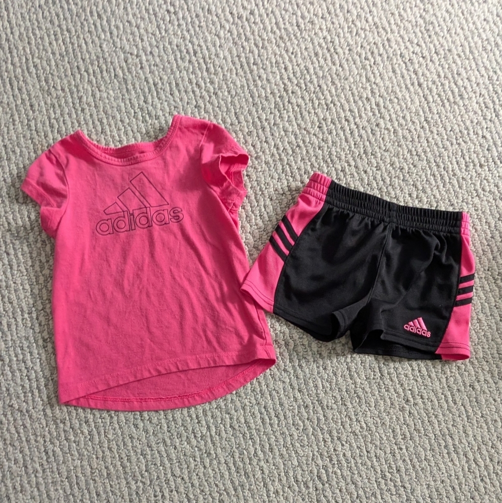 Adidas Girls Toddler 2-Piece T-shirt Shorts Set, Pink/Black - 18 Months - Picture 2 of 7